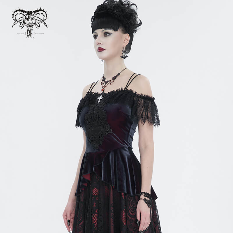Elegant off-the-shoulder lace top for women, vintage gothic style, showcasing delicate allure and sophisticated edge.