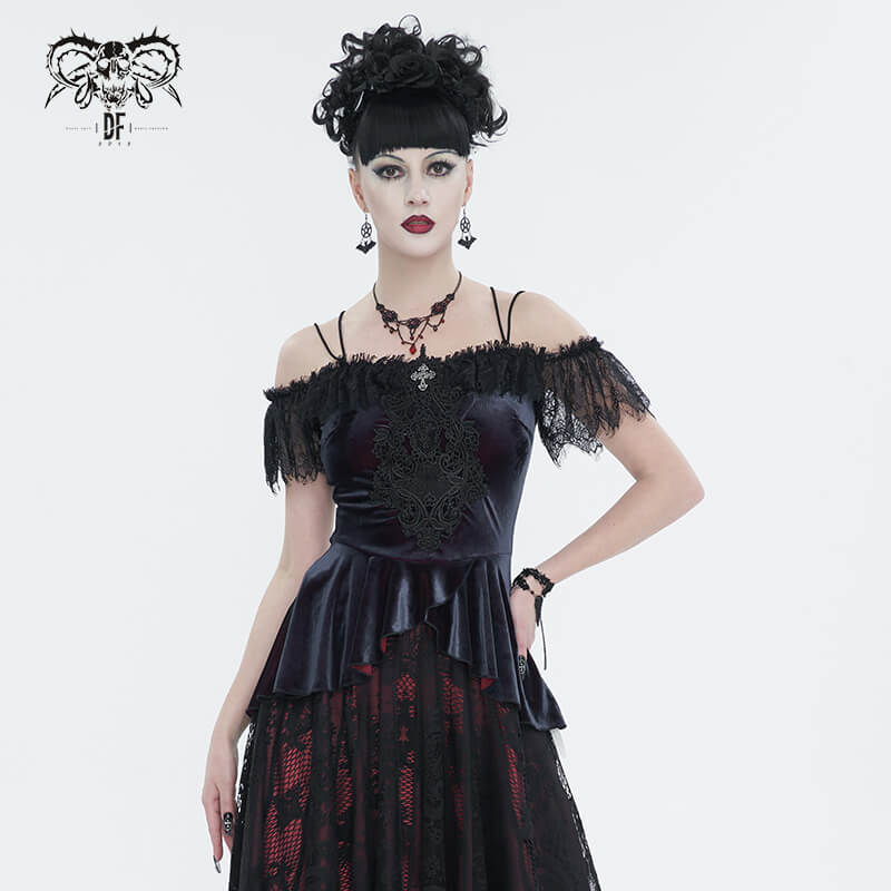 Elegant off-the-shoulder black lace top for women, showcasing vintage gothic style with exquisite detailing.