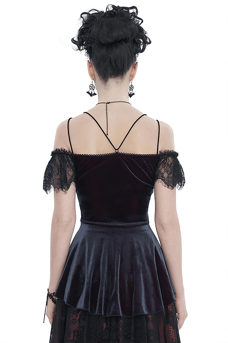 Elegant off-the-shoulder lace top for women, showcasing vintage gothic style with delicate lace accents.