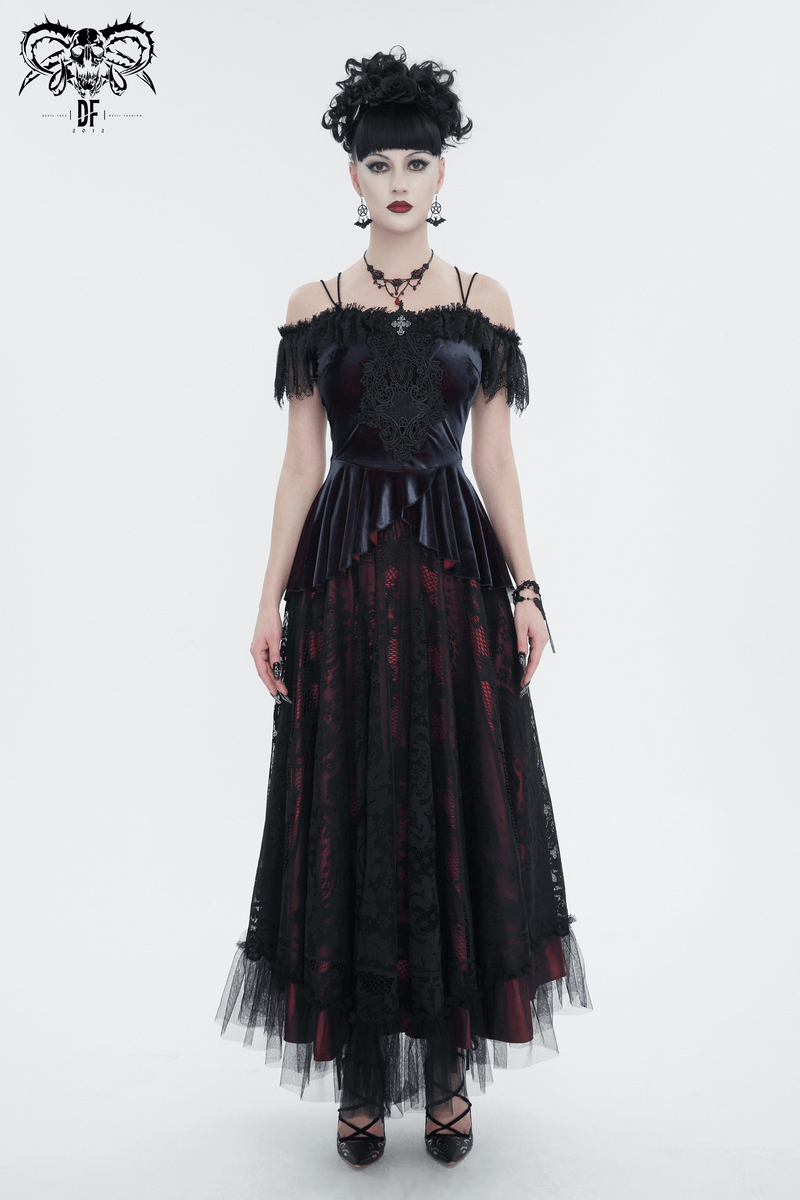 Elegant off-the-shoulder gothic lace dress featuring black and burgundy hues with delicate appliques and vintage charm.