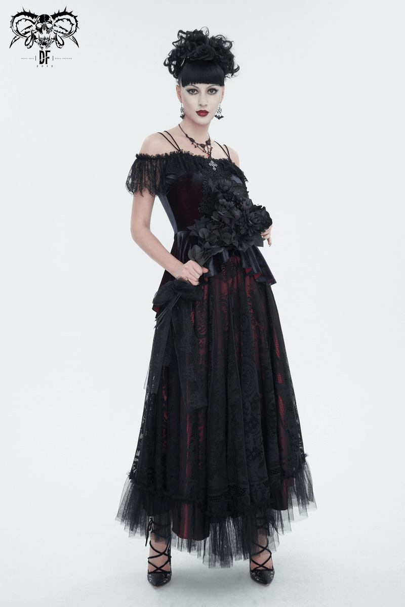 Elegant off-the-shoulder lace appliqued top for women in vintage gothic style.