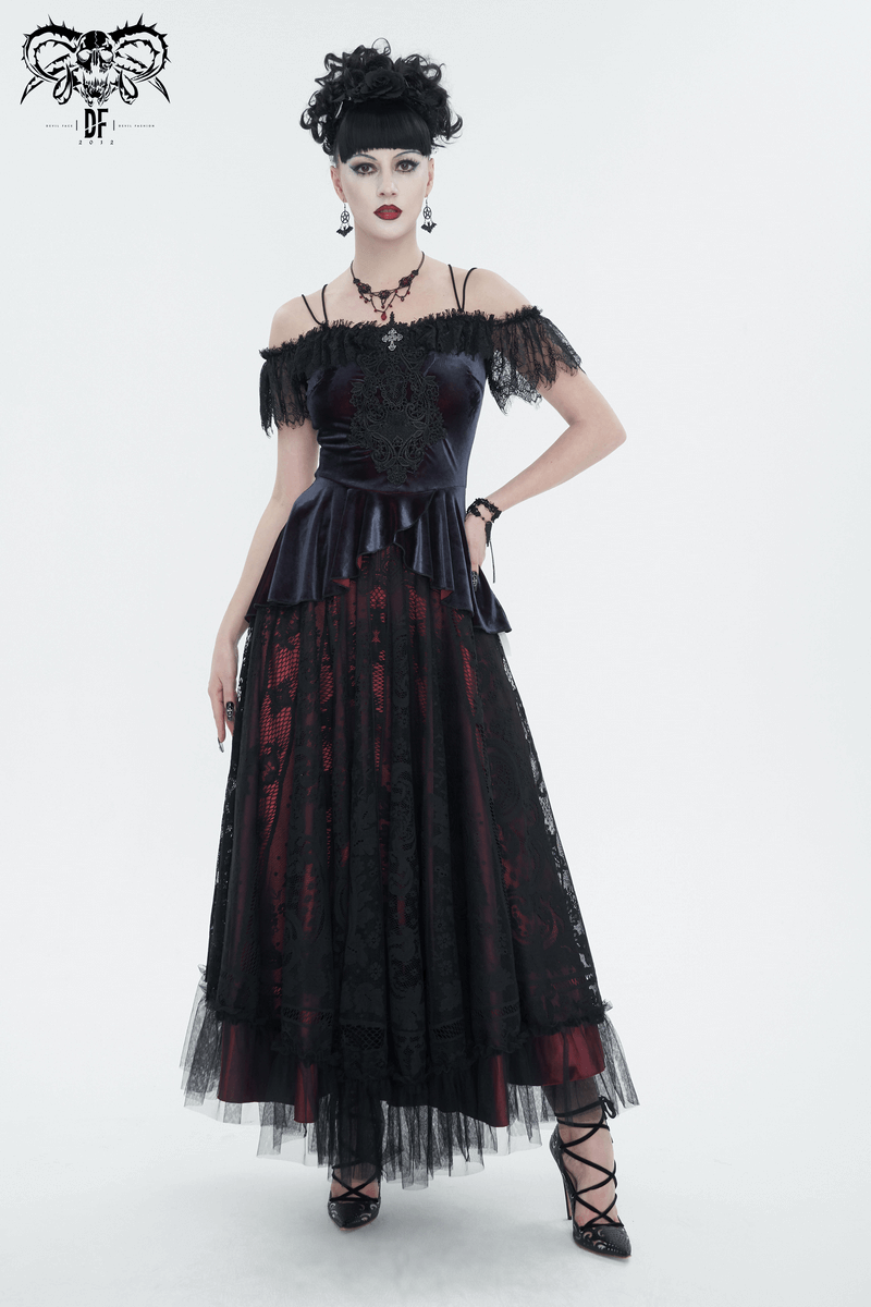 Elegant off-the-shoulder lace top with vintage gothic style, featuring layered skirt and striking accessories for women.