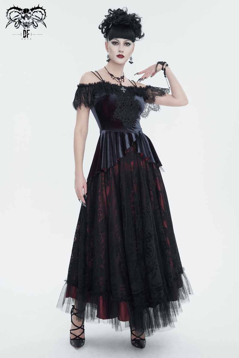Elegant off-the-shoulder gothic dress with lace details and layered skirt, perfect for vintage chic women.