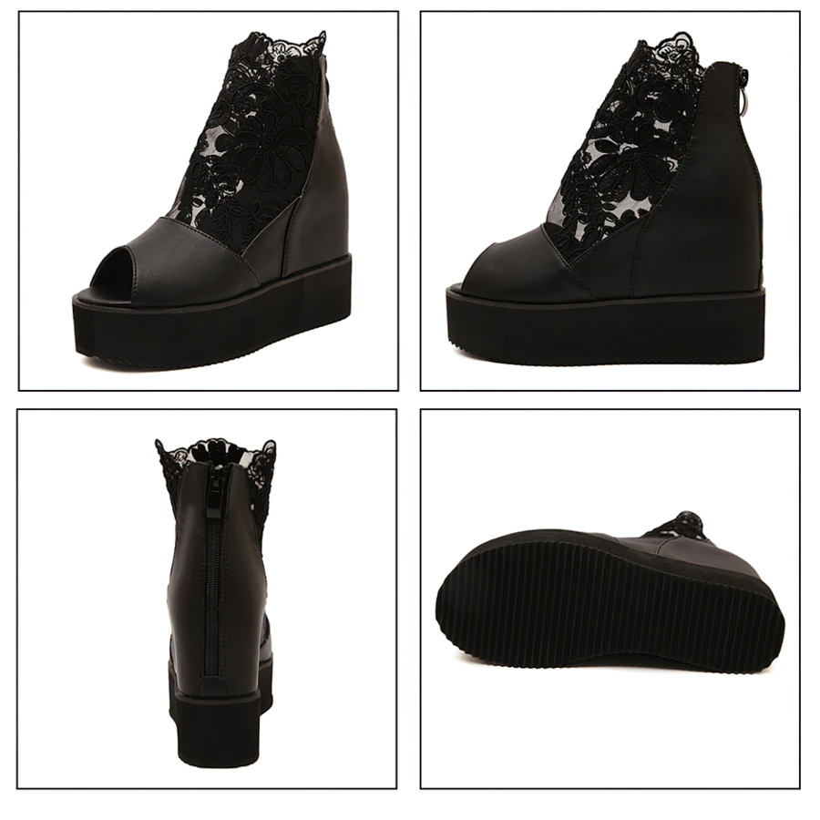 Elegant lace women's platform sandals in gothic style, showcasing a peep-toe design and floral lace inserts.