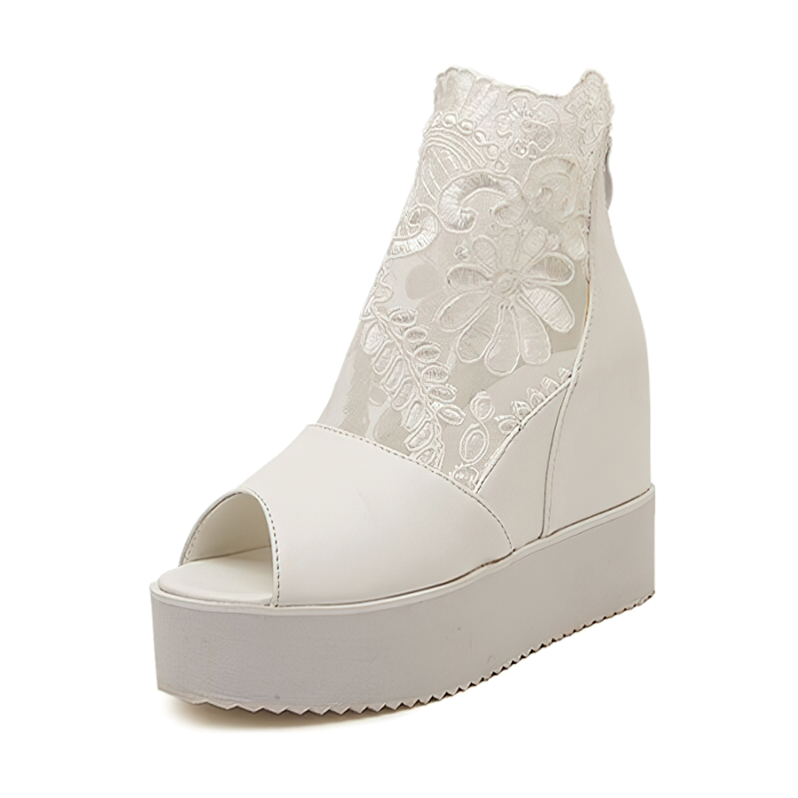 Elegant white lace platform sandals with peep toe for women, featuring gothic style aesthetics.