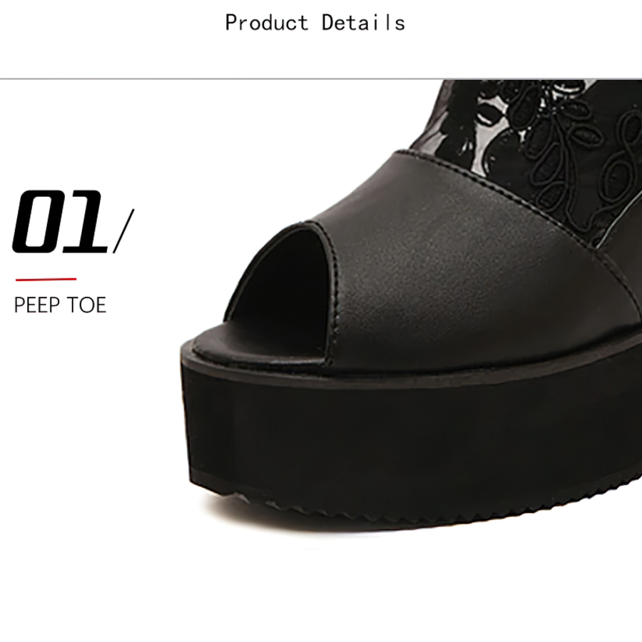 Elegant black lace peep toe platform sandal showcasing intricate designs and stylish aesthetics.