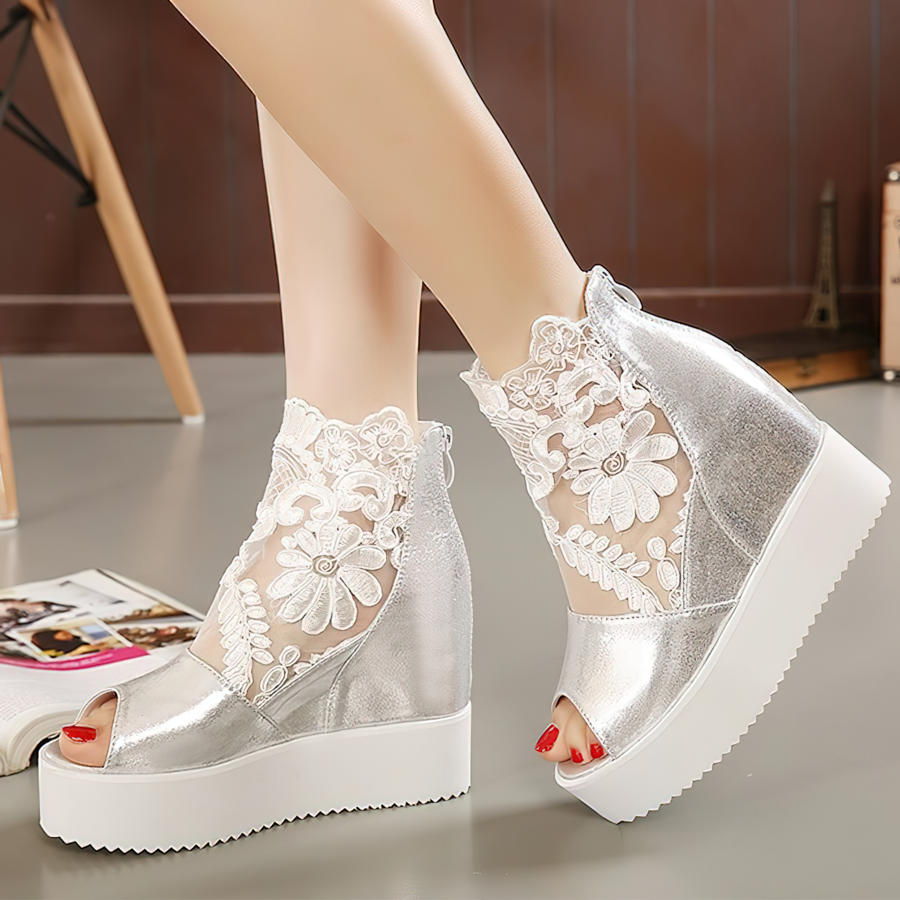 Elegant silver women's platform sandals with lace detailing, perfect for a gothic aesthetic.