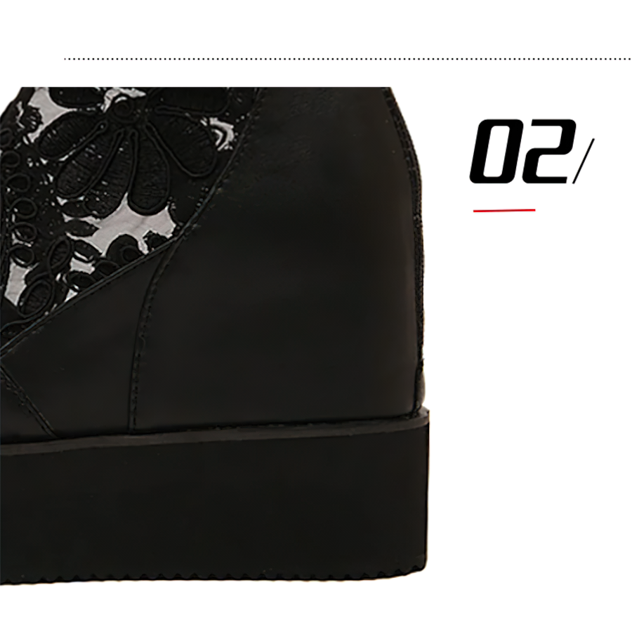 Elegant black gothic style sandals featuring eye-catching lace fabric insert and stylish platform heel.