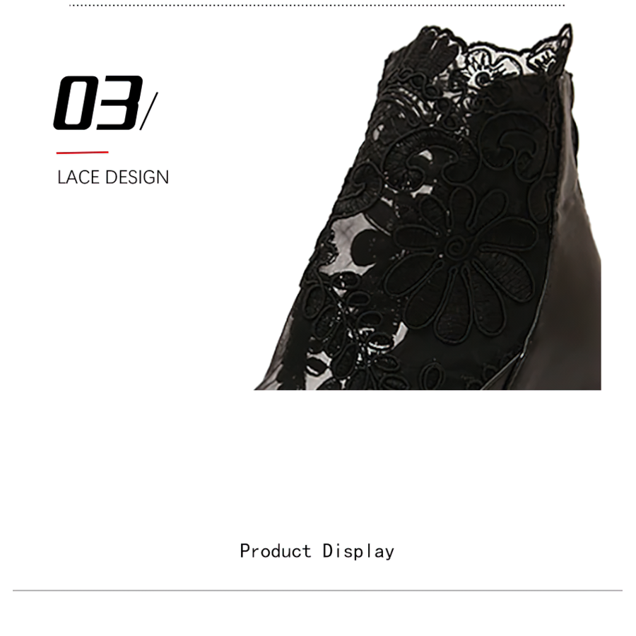 Elegant lace detail of gothic style women's platform sandals, showcasing intricate floral patterns.