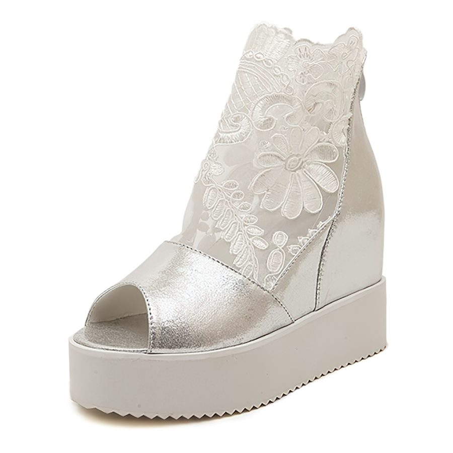 Elegant silver lace platform sandals with gothic style, perfect for a chic aesthetic look.