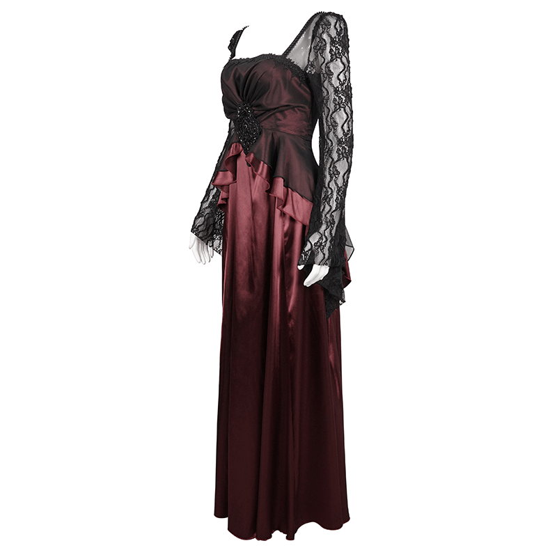 Elegant wine red dress with black lace sleeves and appliqué detail, perfect for gothic-inspired outfits.