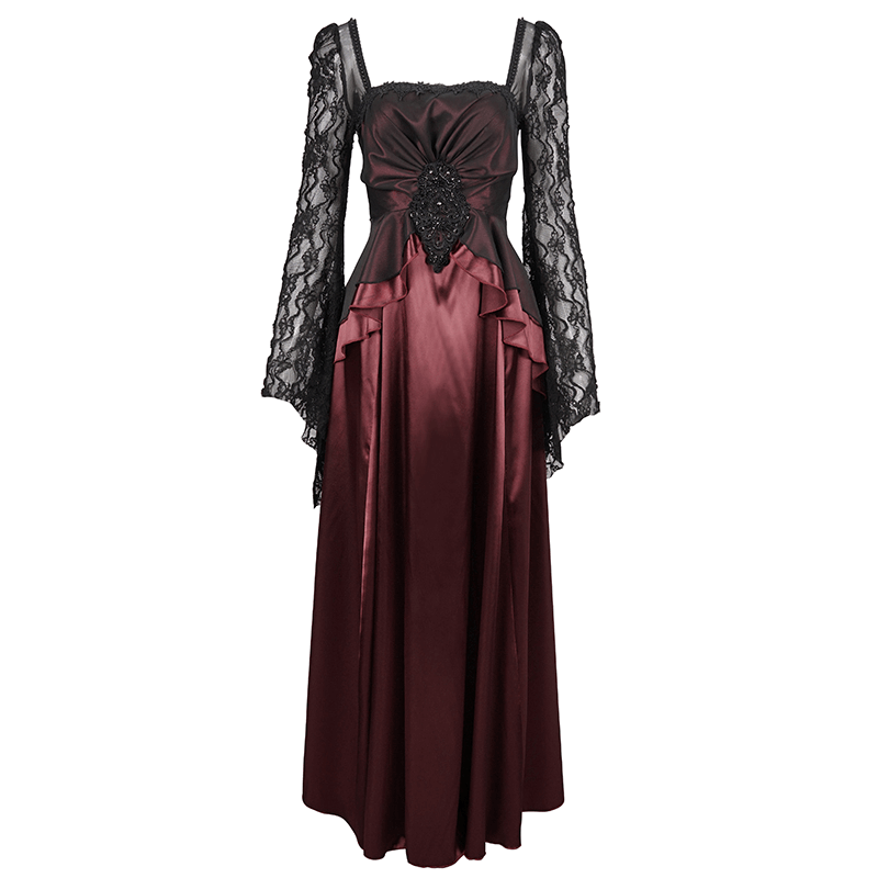 Elegant wine red dress with black lace sleeves and appliqué detailing, perfect for gothic fashion statements.