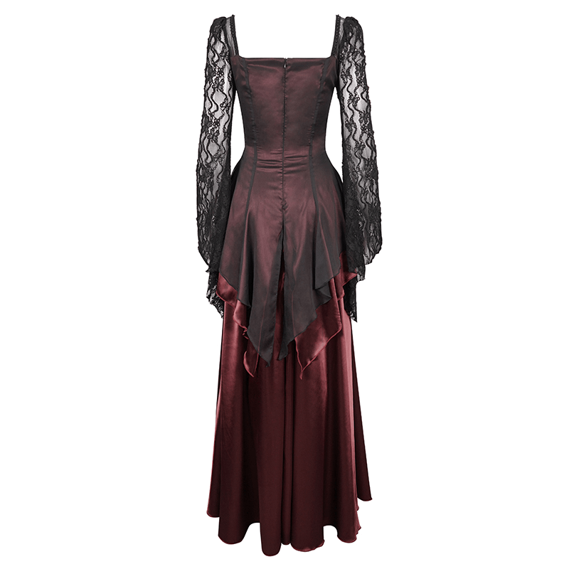 Elegant Long Trumpet Black Lace Sleeves Wine Red Dress / Women's Square Neck and Appliqued Dress