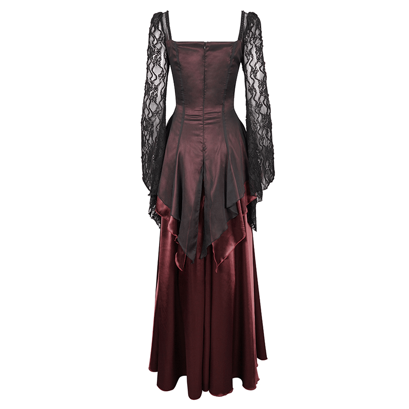 Elegant wine red dress with black lace sleeves and appliquéd design, perfect for gothic outfits and special occasions.