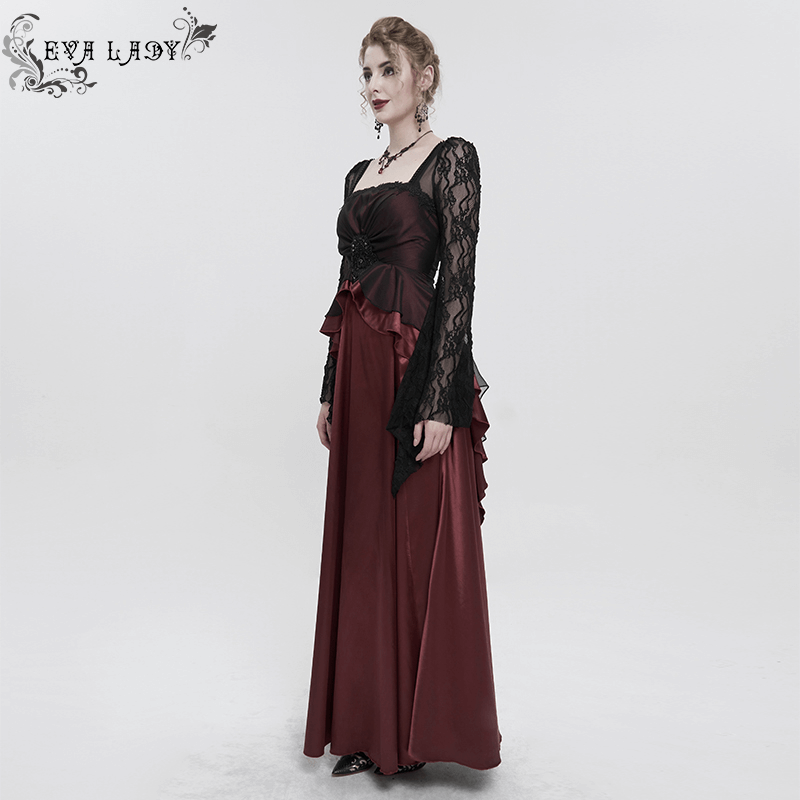 Elegant women's wine red dress with black lace sleeves and ruffled design, perfect for gothic style outfits.