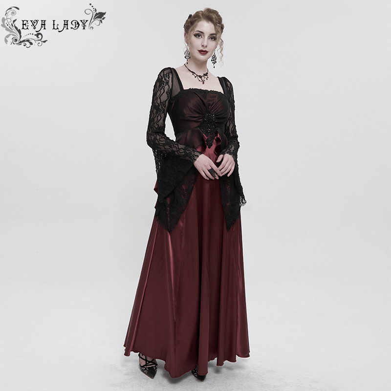 Elegant wine red dress with black lace sleeves and appliqué design for gothic style outfits.