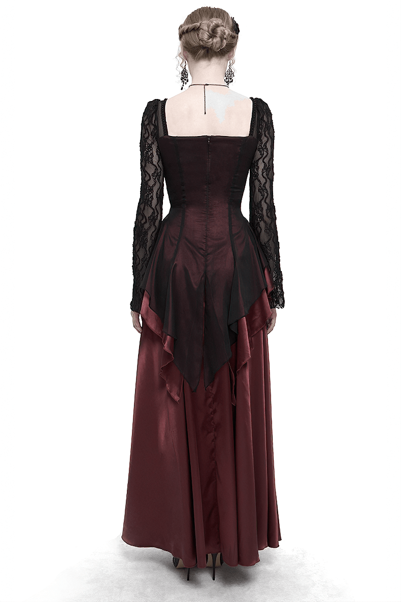 Back view of elegant wine red dress with black lace sleeves and flowing skirt, perfect for gothic-inspired outfits.