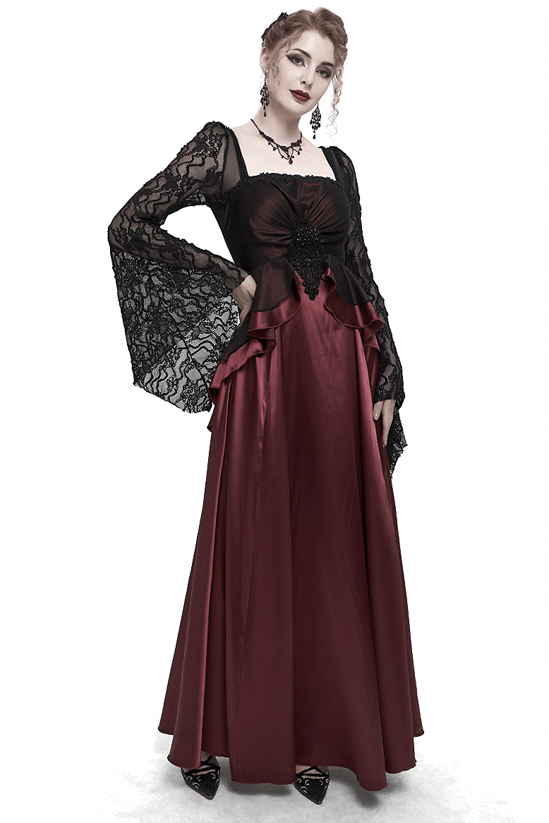 Elegant women's wine red dress with black lace sleeves and floral appliqué, perfect for gothic-inspired outfits.