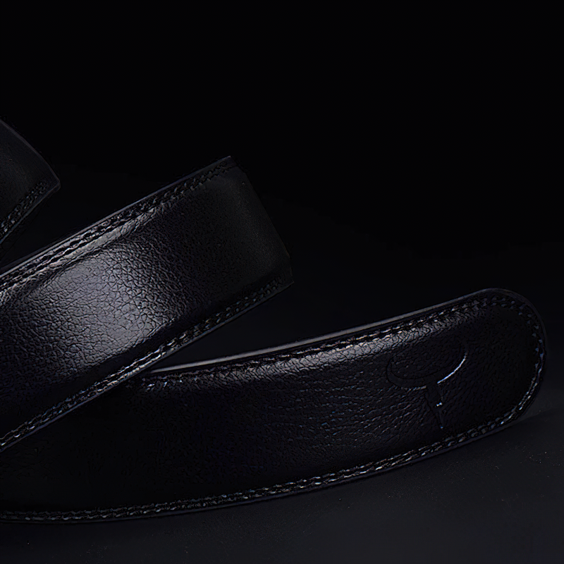Elegant black genuine leather belt showcasing its smooth texture and stylish design against a dark background.