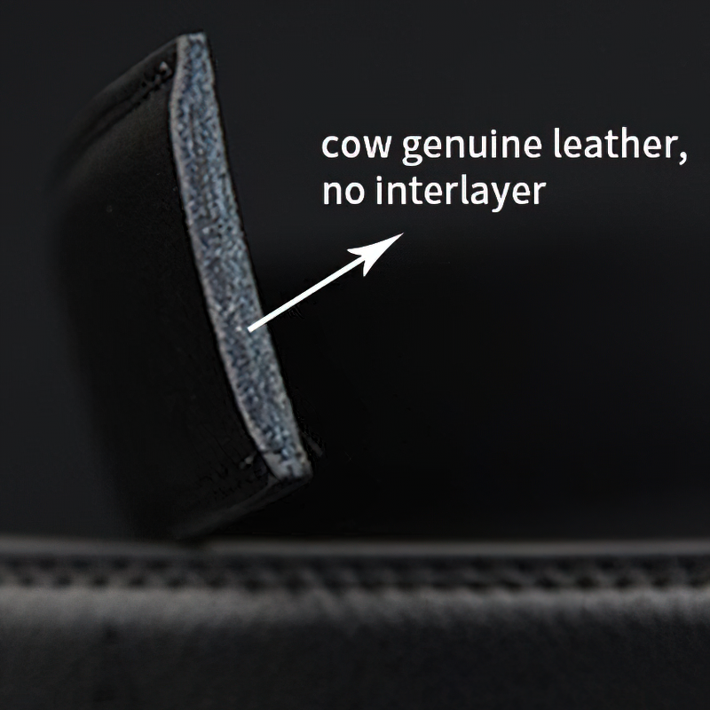 Close-up of a men's belt showcasing genuine cow leather with no interlayer for superior quality.