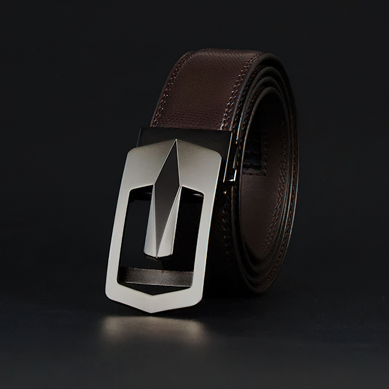 Elegant men's genuine leather belt with automatic alloy buckle, stylish brown design for alternative fashion.