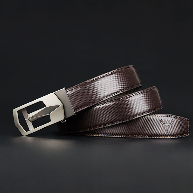 Elegant brown genuine leather belt with stylish automatic alloy buckle on dark background.