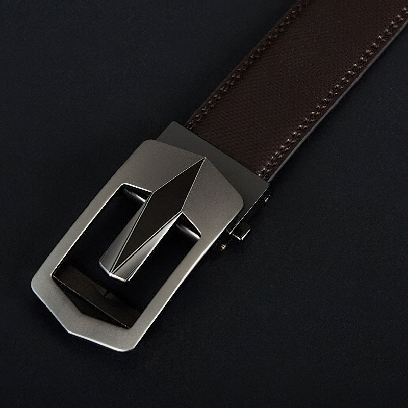 Close-up of a brown genuine leather belt featuring an elegant automatic alloy buckle.