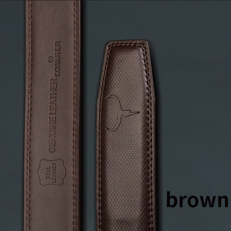 Close-up of a brown genuine leather belt with detailed texture and brand label, showcasing quality craftsmanship.
