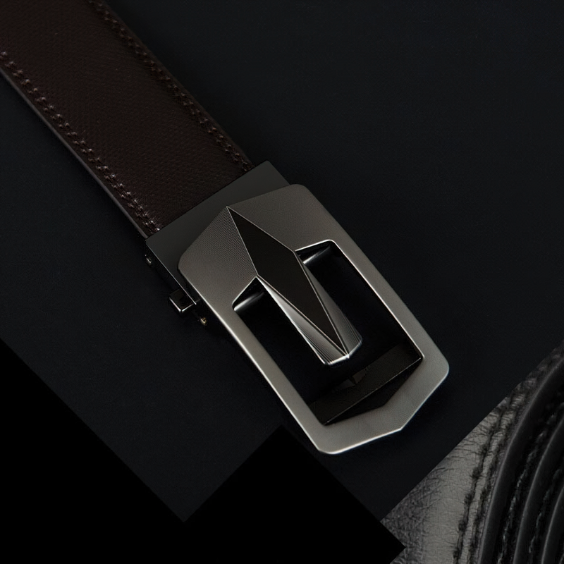 Close-up of an elegant brown genuine leather belt with a sleek automatic alloy buckle for men.