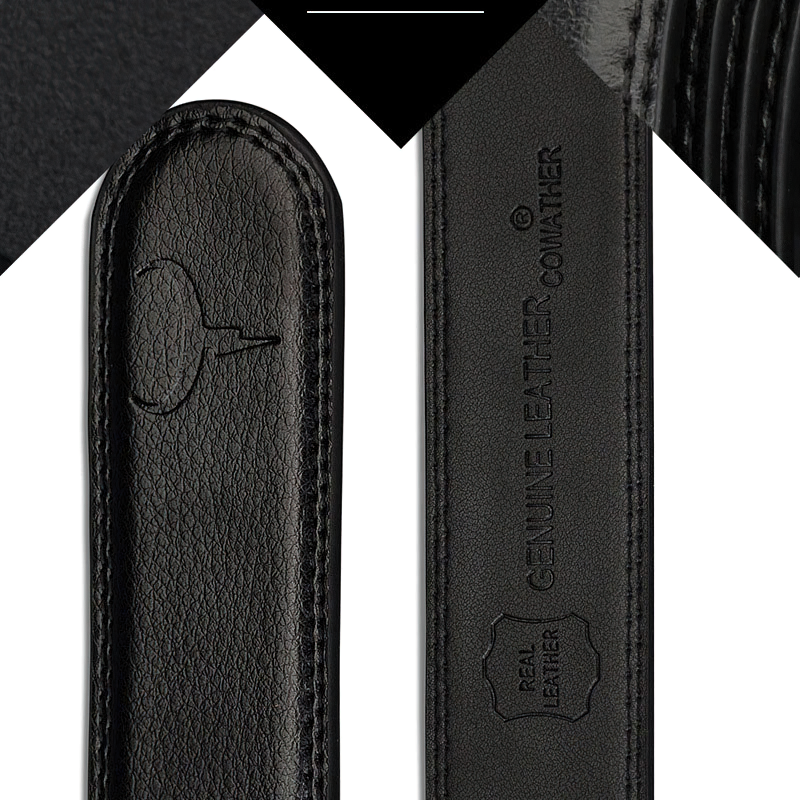 Close-up of a men's genuine leather belt showing texture and detail, featuring quality craftsmanship and branding.