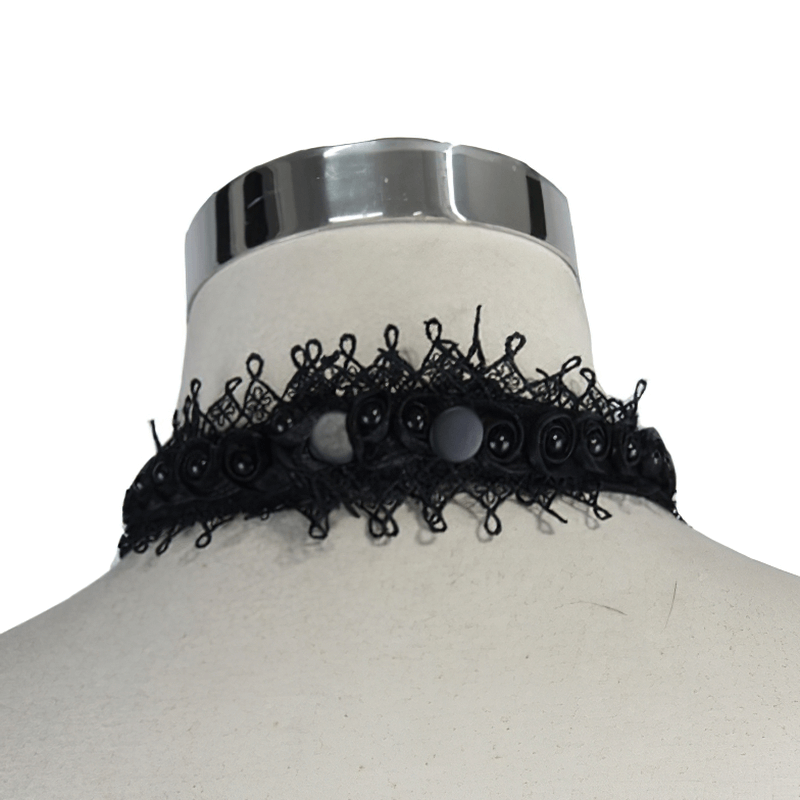 Elegant black lace choker with buttons, perfect for Victorian Gothic fashion accessories.