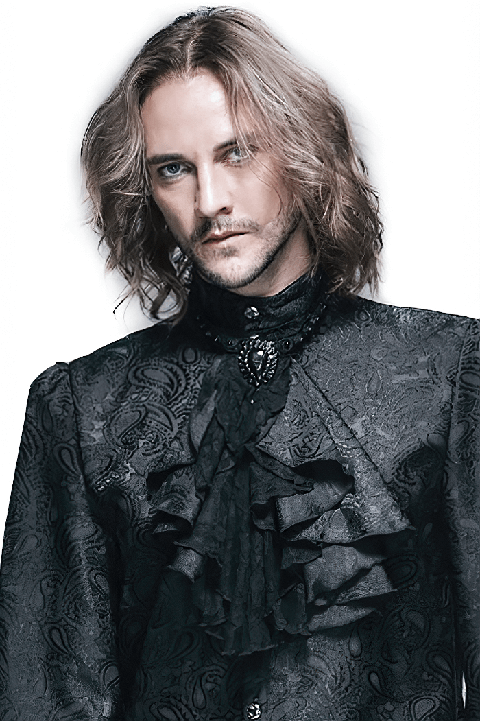 Elegant man in black patterned satin jabot tie and brooch, showcasing Victorian gothic style fashion.