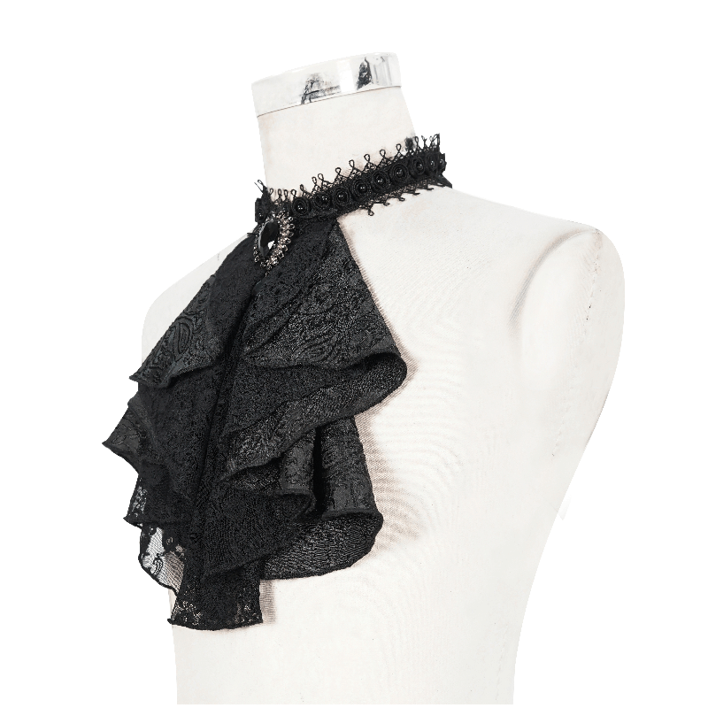 Elegant Men's Black Patterned Satin Jabot Tie with Brooch / Victorian Gothic Style Accessories