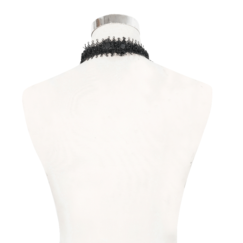 Back view of an elegant black lace choker, perfect for gothic and Victorian-style outfits.