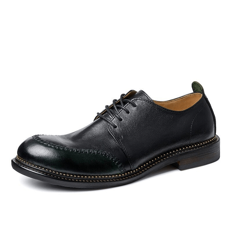 Elegant black men's leather shoes with retro lace-up design for stylish and breathable footwear.