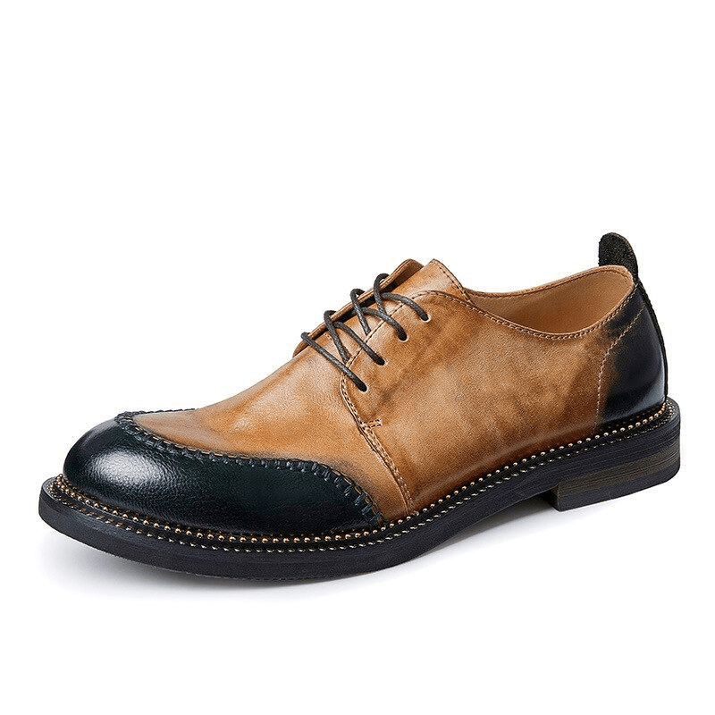 Elegant men's retro leather shoes in brown and black with breathable design and lace-up closure.