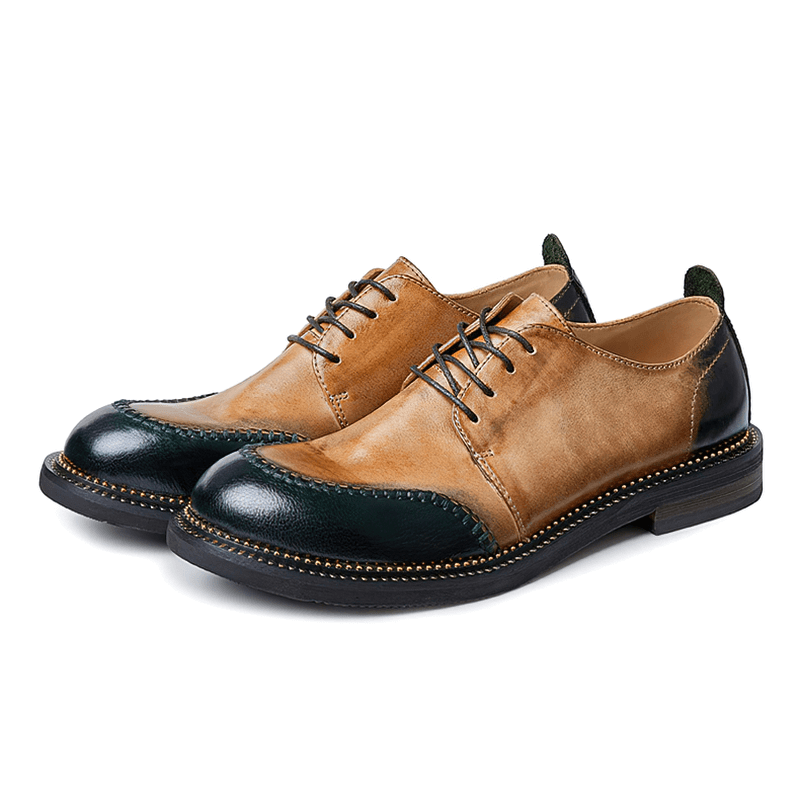 Elegant men's retro leather shoes in brown and green, breathable lace-up design perfect for stylish outfits.