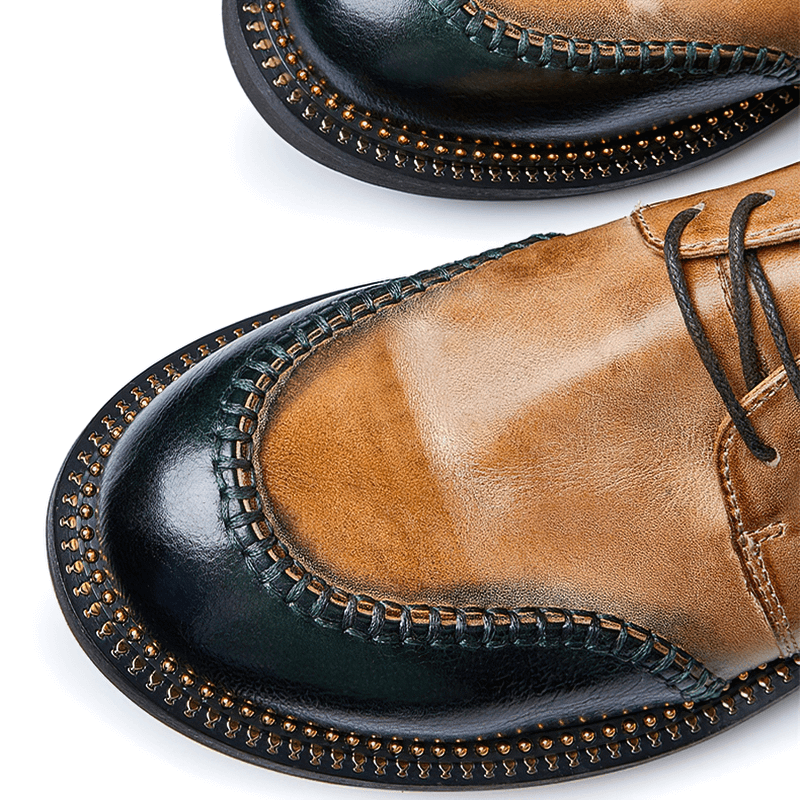 Close-up of elegant men's leather shoes in brown and green, showcasing vintage design and breathable quality.