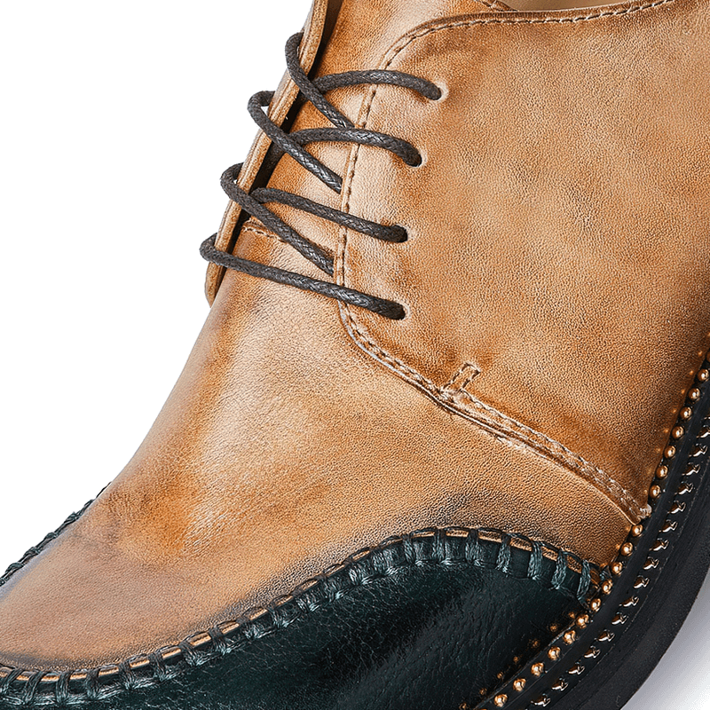 Close-up of elegant men's leather shoes, showcasing retro style, breathable design, and quality craftsmanship.
