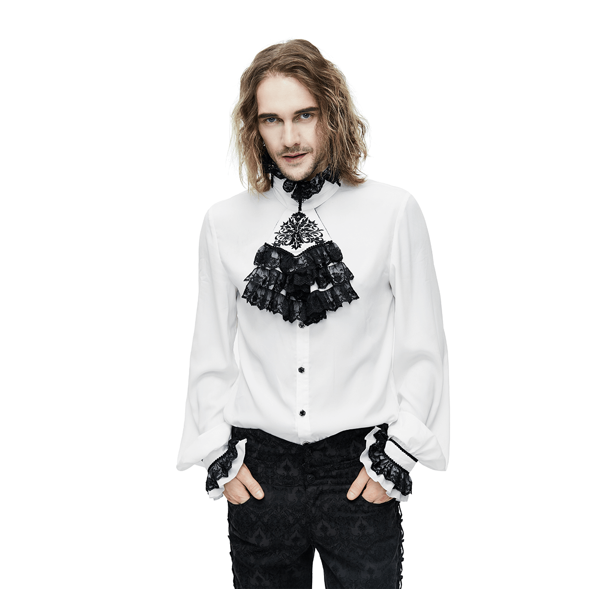 Elegant Men's Shirt with Chiffon Black Tie / Gothic Long Sleeve Shirt with Stand-Collar - HARD'N'HEAVY