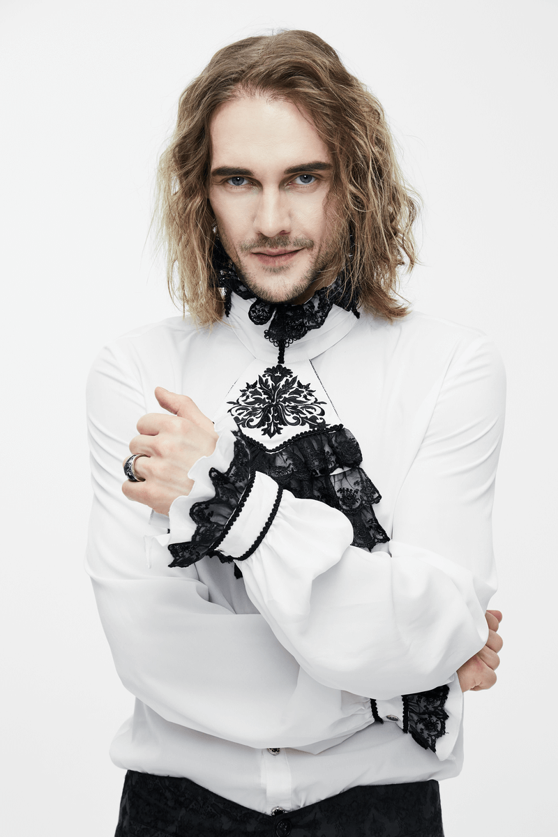 Elegant Men's Shirt with Chiffon Black Tie / Gothic Long Sleeve Shirt with Stand-Collar - HARD'N'HEAVY