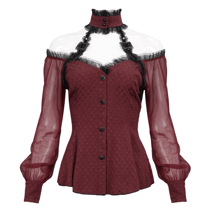 Elegant off-shoulder burgundy shirt with lace-up back and sheer sleeves, perfect for a gothic fashion statement.