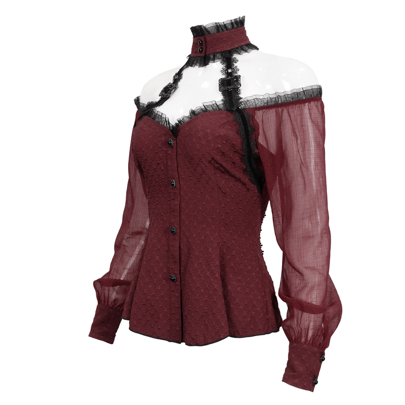 Elegant off-shoulder gothic shirt with lace-up back in rich burgundy, perfect for adding flair to your wardrobe.