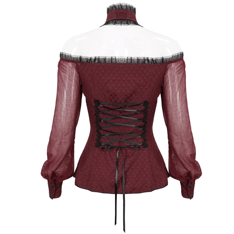 Elegant off-shoulder women's shirt with lace-up back, featuring gothic style and graceful design.
