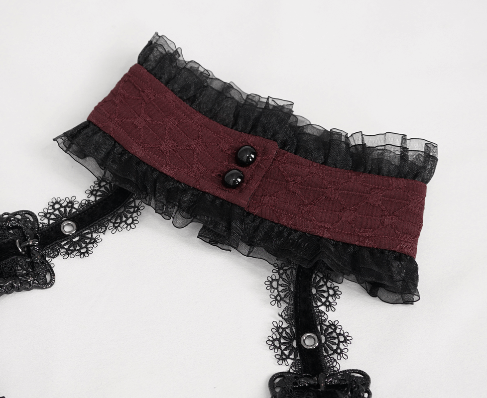 Elegant off-shoulder lace up shirt detail, featuring a burgundy ruffled band and button accents for a gothic flair.