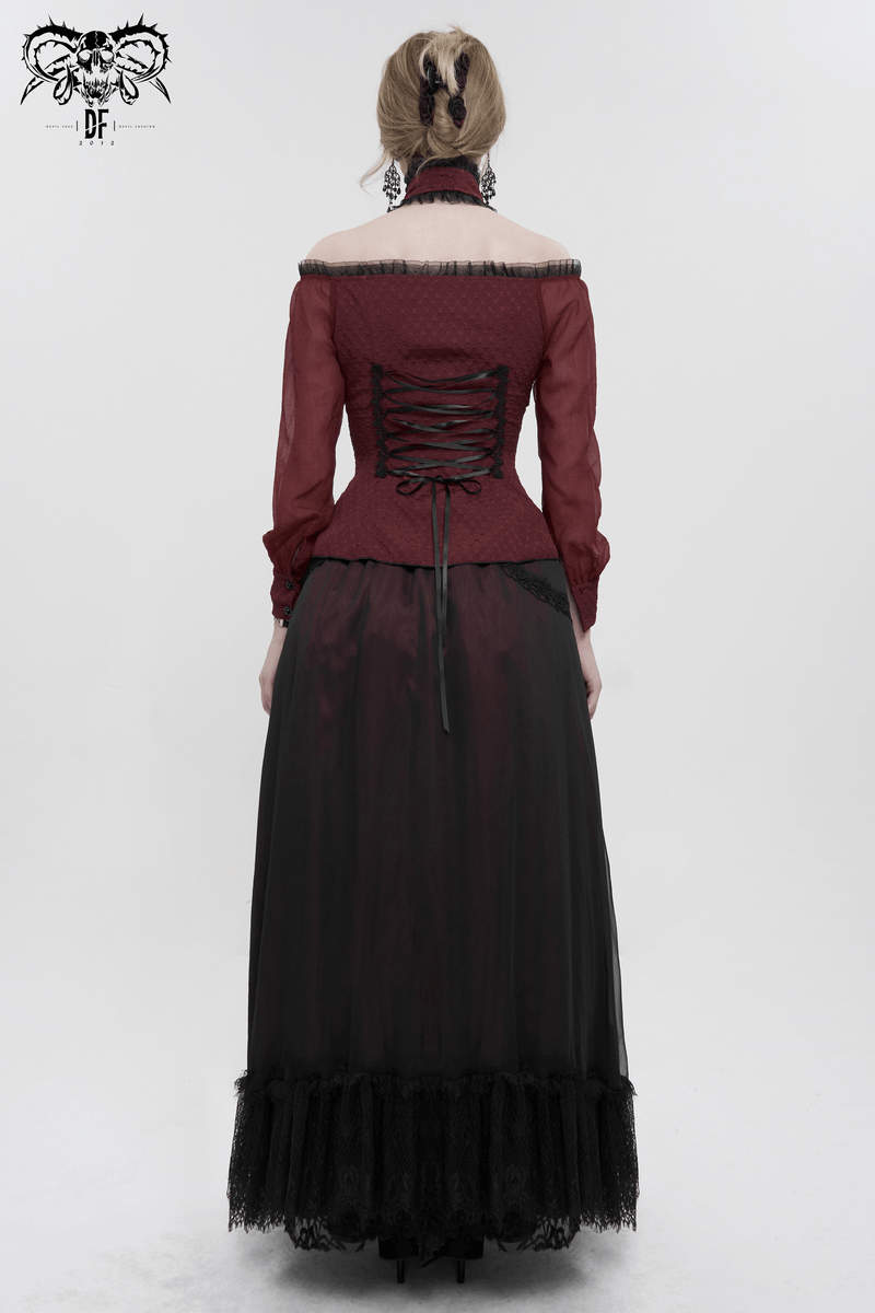 Elegant off-shoulder shirt with lace-up back, perfect for a gothic-inspired wardrobe.
