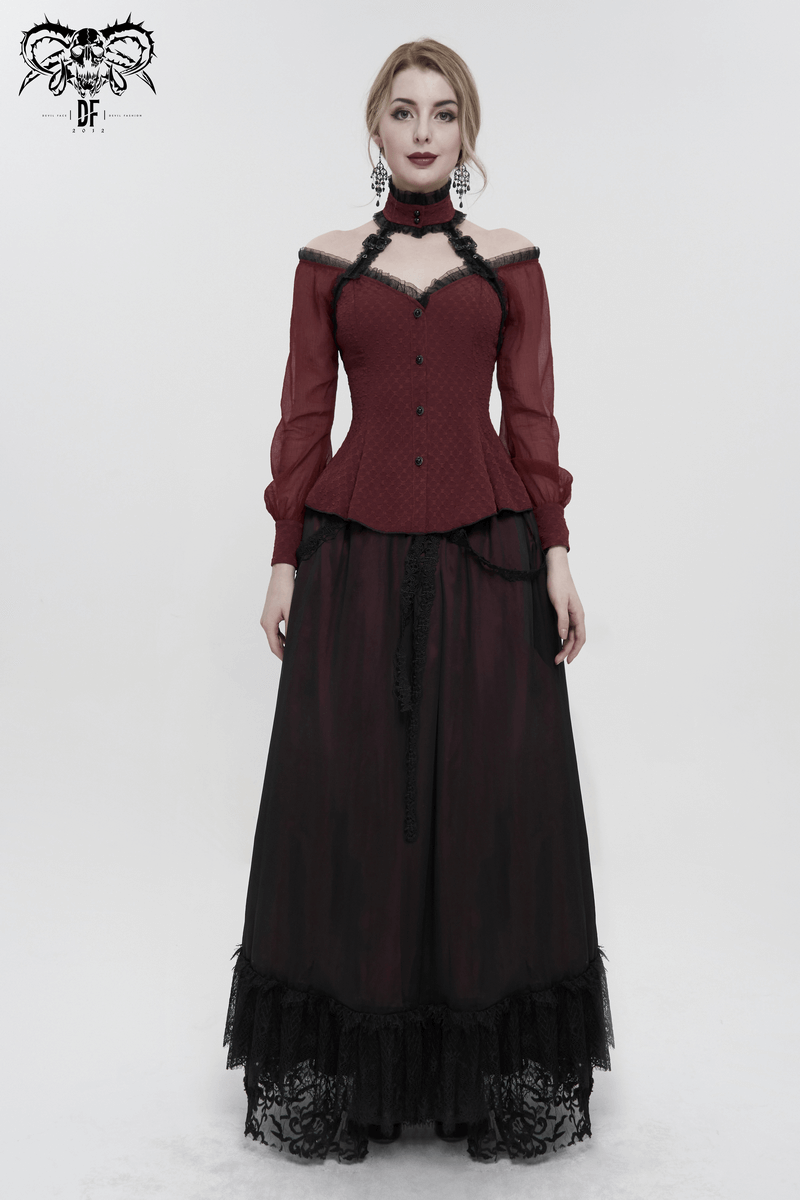 Elegant off-shoulder gothic shirt with buttons and lace-up detail, perfect for a striking, graceful look.