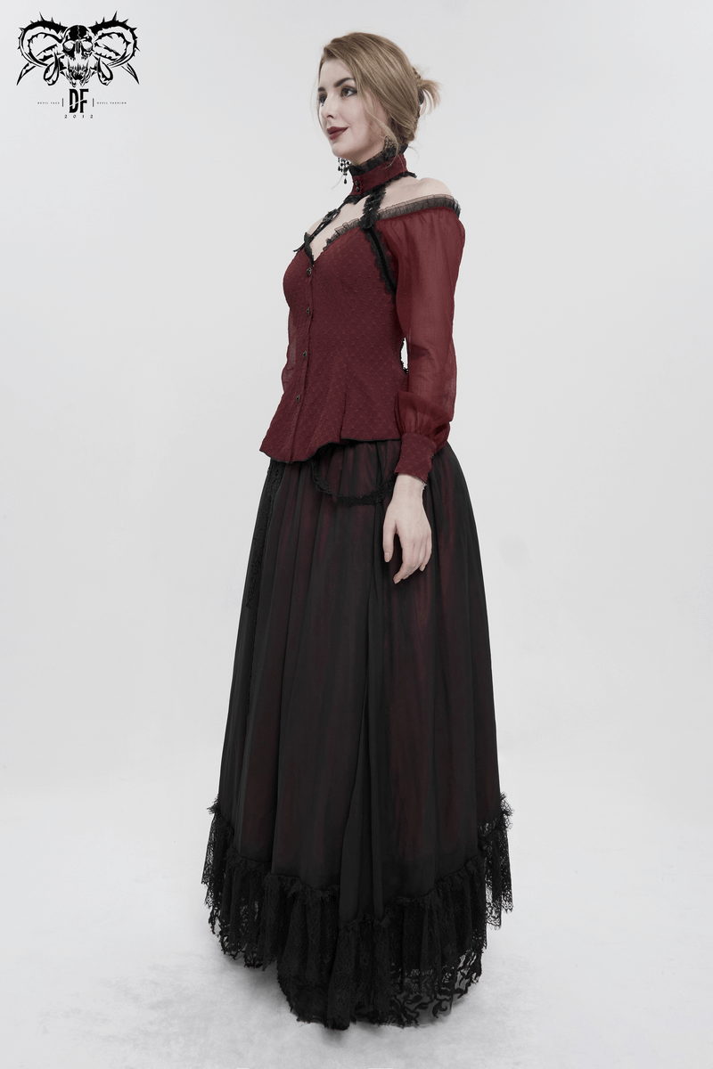 Elegant off-shoulder gothic shirt with lace-up back, paired with a flowing black skirt, showcasing a graceful style.