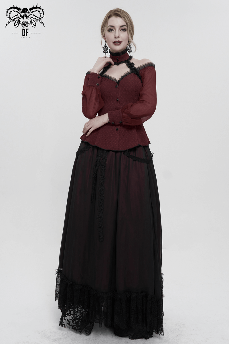 Elegant Off Shoulder Buttons Halterneck Shirt / Gothic Women's Strappy Shirts with Lace-up on Back