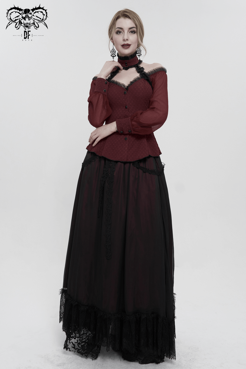 Elegant off-shoulder burgundy shirt with lace-up back, paired with a black gothic skirt, perfect for a chic gothic look.